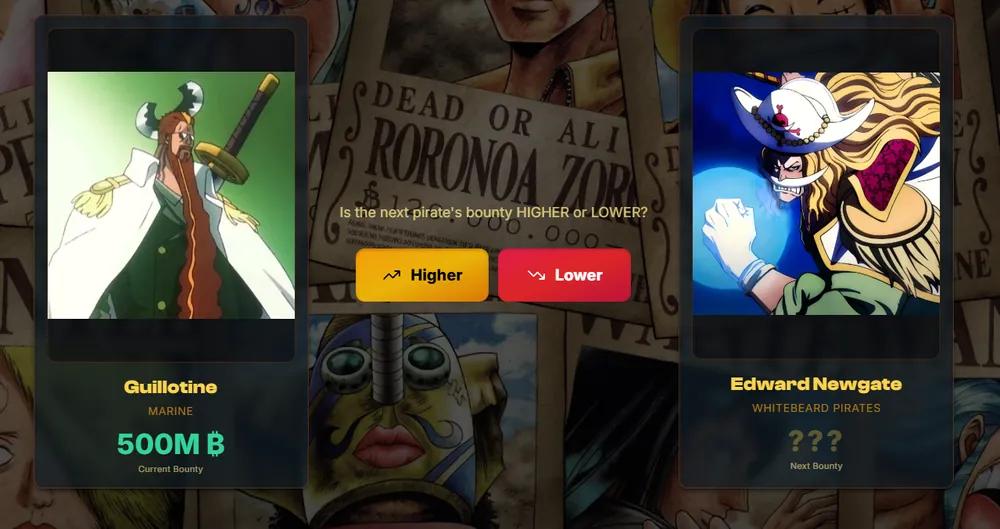 One Piece Higher or Lower bounty guessing game - guess if the next pirate bounty is higher or lower